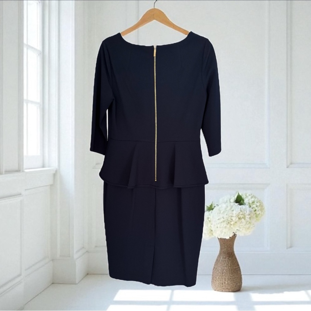 LIKE NEW Calvin Klein Midnight Blue Peplum Dress with Gold Zipper - Picture 5 of 13